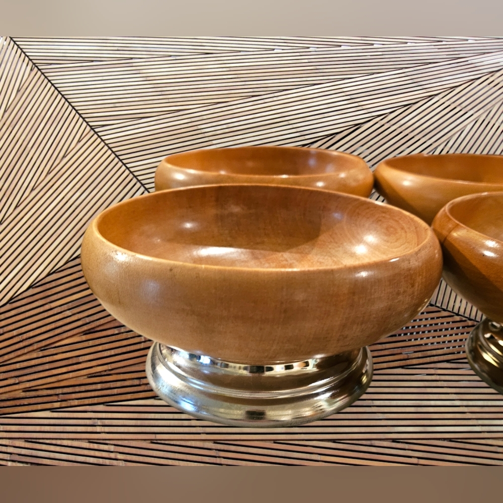 Vintage MCM 1960's Hellerware Set of 4 Wood and Chrome Salad Bowls